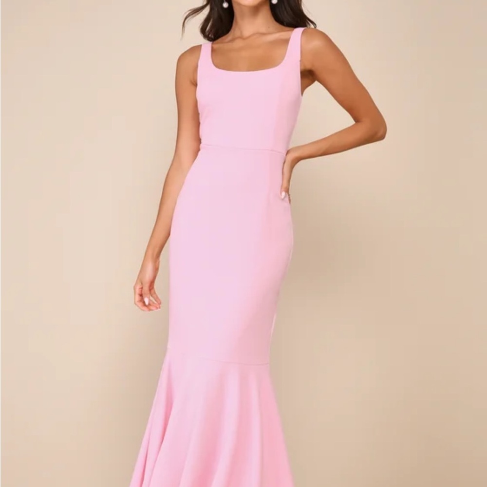 Romantic Destiny Light Pink Square Neck Trumpet Maxi Dress